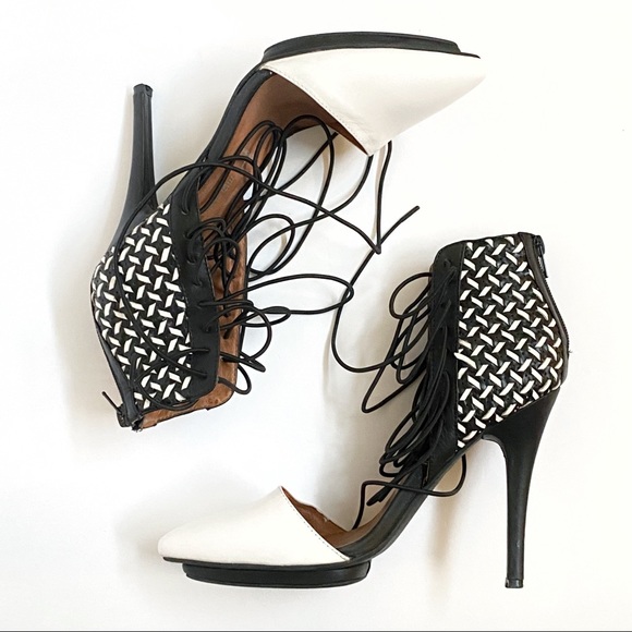 Jeffrey Campbell Roulette black white pointed toe lace up ankle open sides heels - Picture 7 of 11